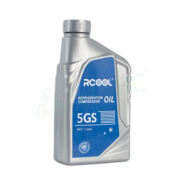 1-liter bottle of RCOOL refrigerant compressor oil, 5GS mineral oil for HVAC refrigeration systems, with blue label and silver bottle design.